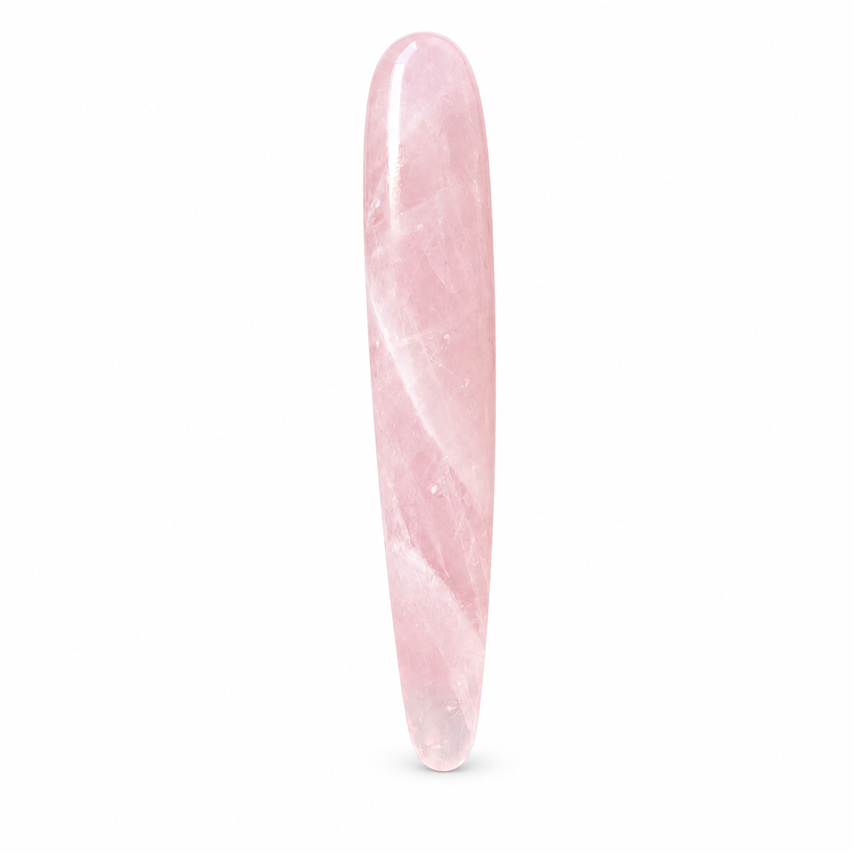 Polished rose quartz crystal massage wand with elongated eggplant-inspired form