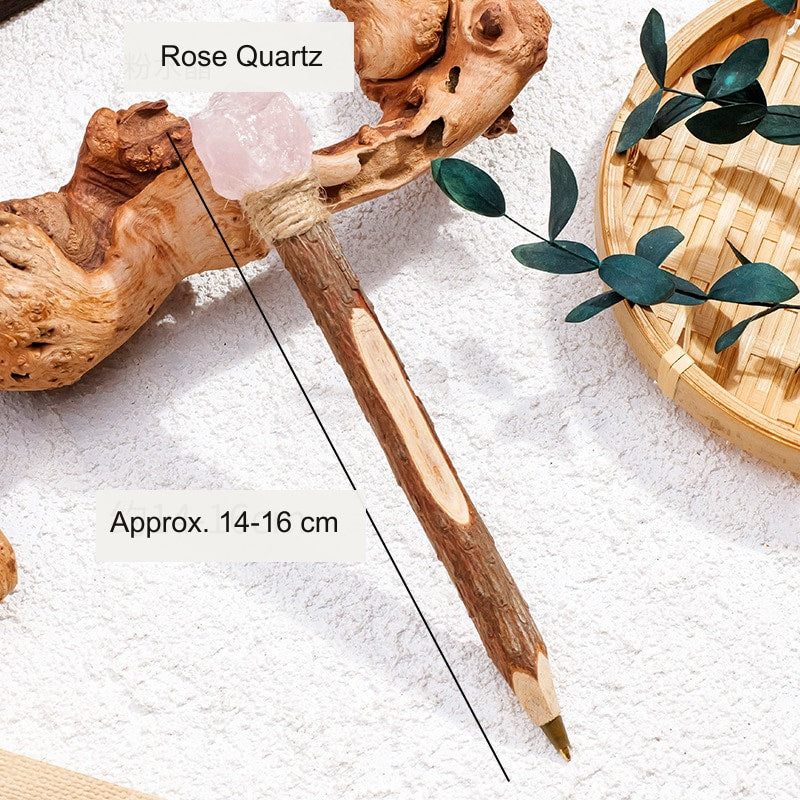 Rose Quartz Raw Crystal Wood Ballpoint Pen with natural wood body and decorative crystal accent