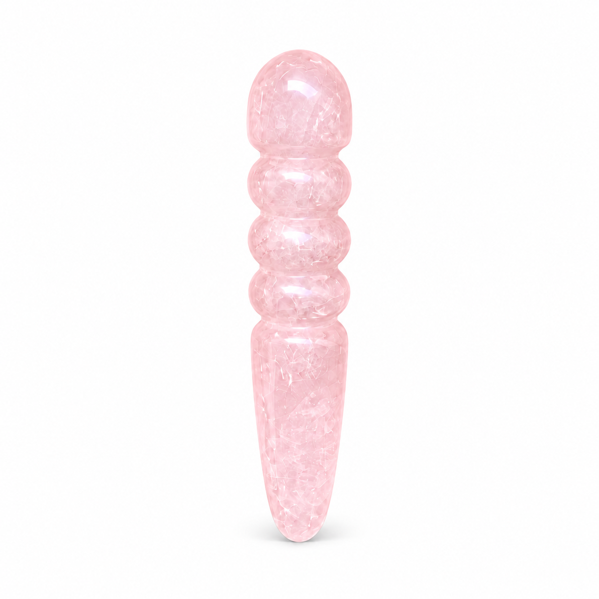 Polished rose quartz crystal massage wand with triple-ring contours