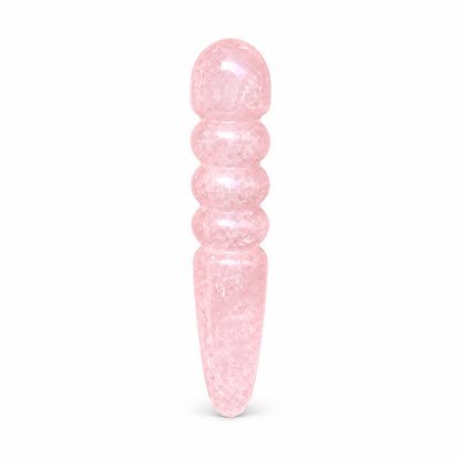 Polished rose quartz crystal massage wand with triple-ring contours