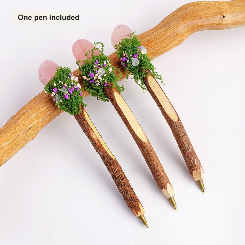Rose Quartz Tumbled Stone Moss Wand Wood Ballpoint Pen with natural wood body and decorative crystal accent