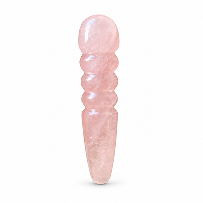 Polished rose quartz crystal massage wand with vertical triple-ring contours