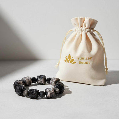 Silver Sheen Obsidian lion bracelet in TrueZenBeads branded gift bag packaging ready for birthday present