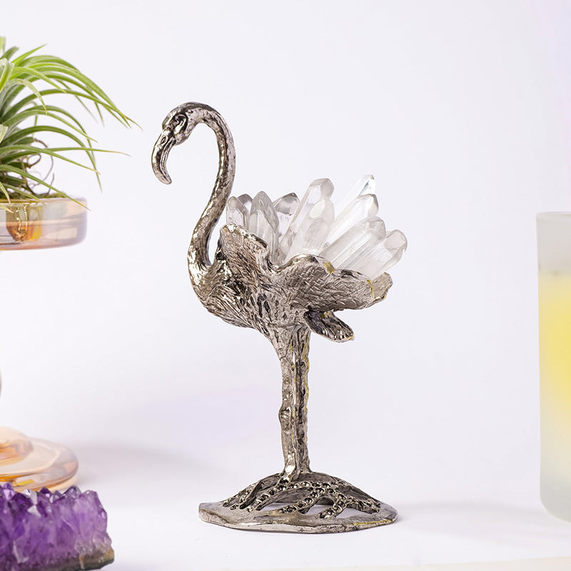 Silver swan with clear quartz crystal points