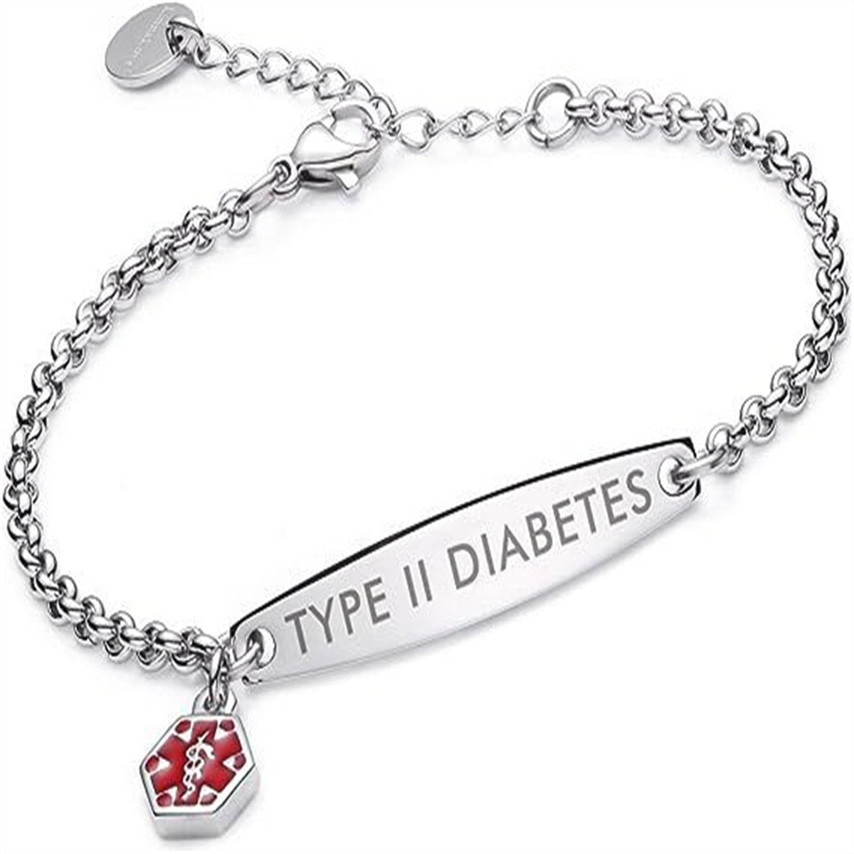 Silver Type 2 Diabetes rolo chain medical alert bracelet on a white background