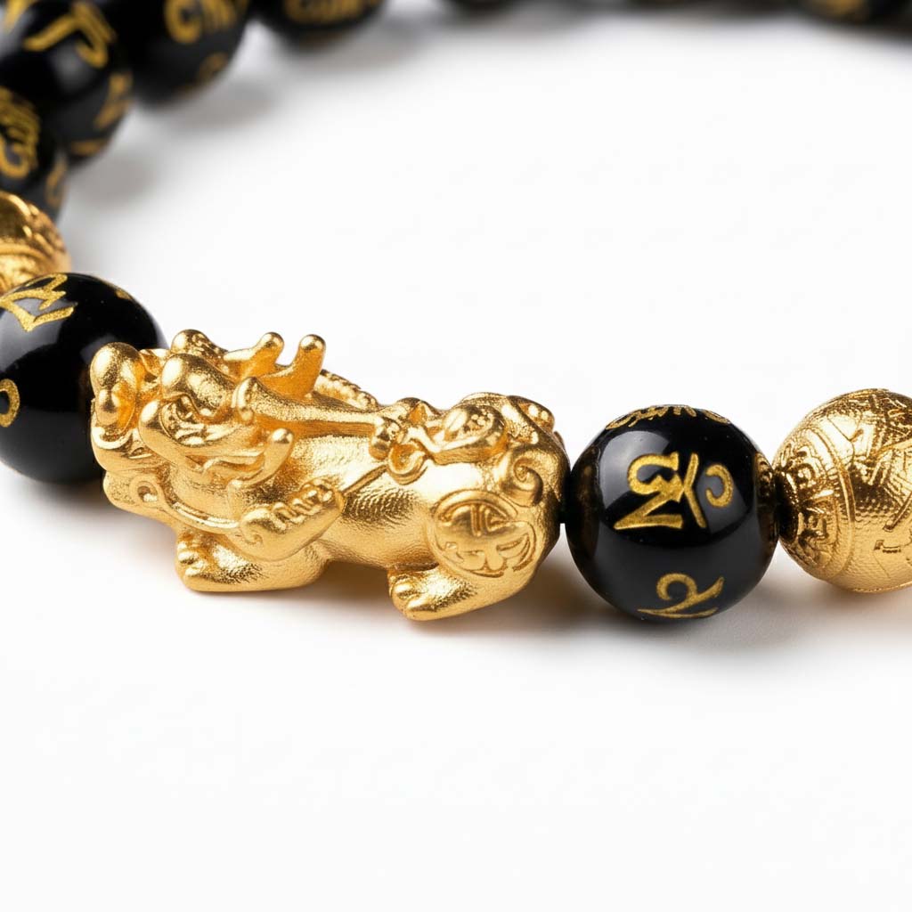 Close-up of Six Syllable Mantra engraved on black obsidian beads showing golden sacred script detail