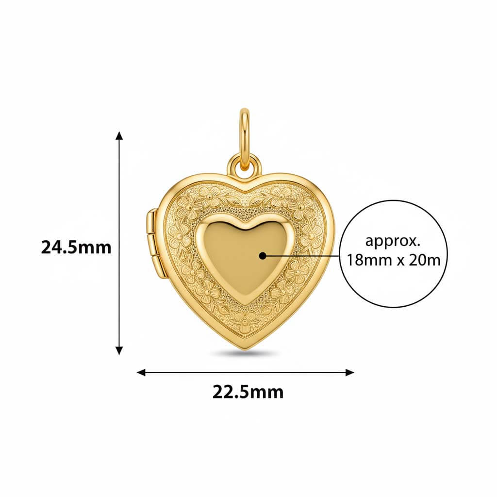 Small heart photo locket showing 22.5mm exterior dimensions and interior frame space for delicate steel jewelry.