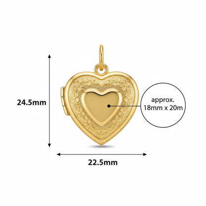 Small heart photo locket showing 22.5mm exterior dimensions and interior frame space for delicate steel jewelry.