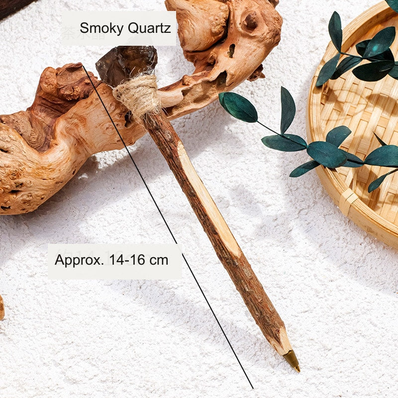 Smoky Quartz Raw Crystal Wood Ballpoint Pen with natural wood body and decorative crystal accent