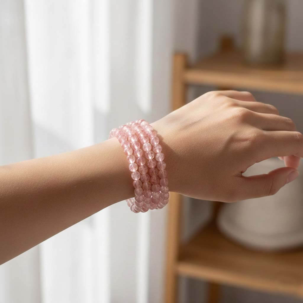 Woman wearing Strawberry Crystal Bracelet for casual daily wear - natural pink spotted crystal jewelry