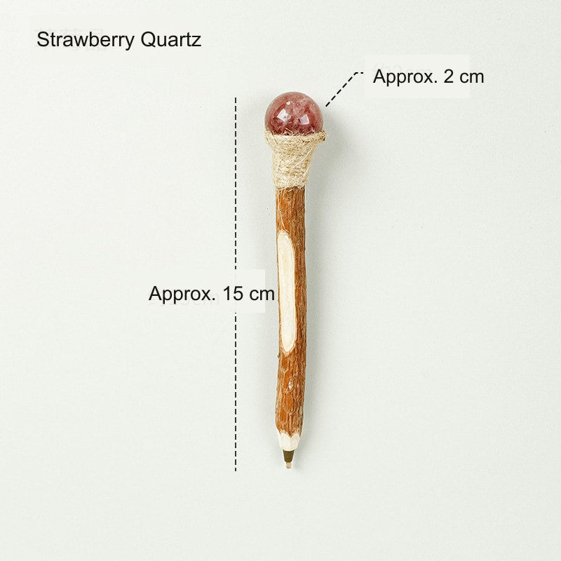 Strawberry Quartz Crystal Ball Wood Ballpoint Pen with natural wood body and decorative crystal accent