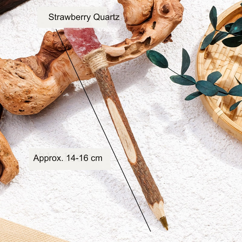 Strawberry Quartz Raw Crystal Wood Ballpoint Pen with natural wood body and decorative crystal accent