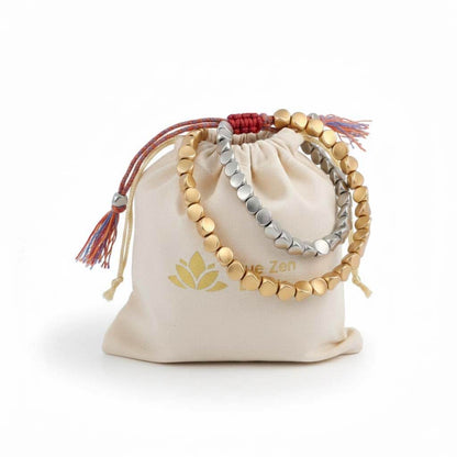 Tibetan beads bracelet displayed in TrueZenBeads branded gift bag packaging - bohemian metal bead jewelry ready for gifting