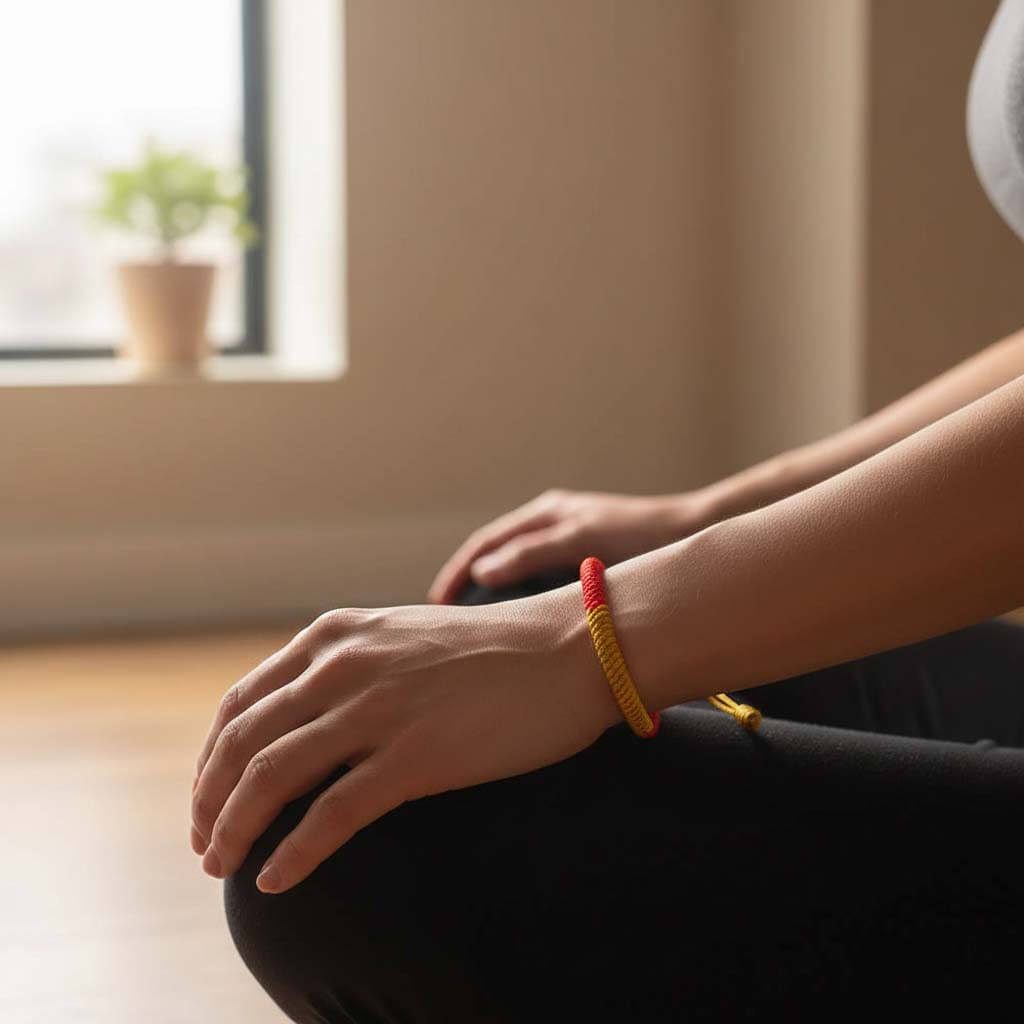 Person wearing Tibetan knot bracelet during meditation mindfulness practice