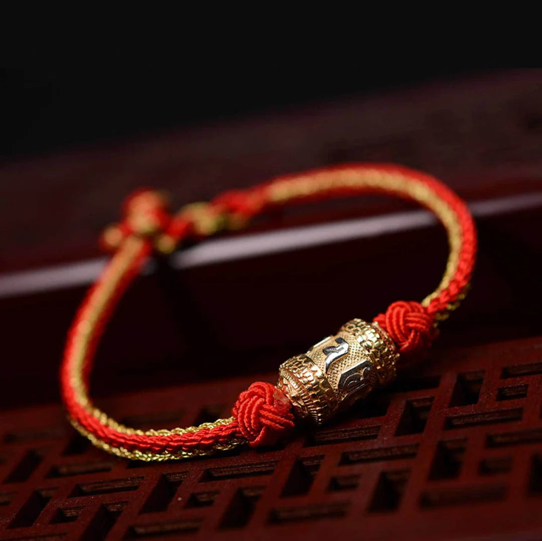Tibetan Mantra Bracelet close-up with “Om Mani Padme Hum” inscription