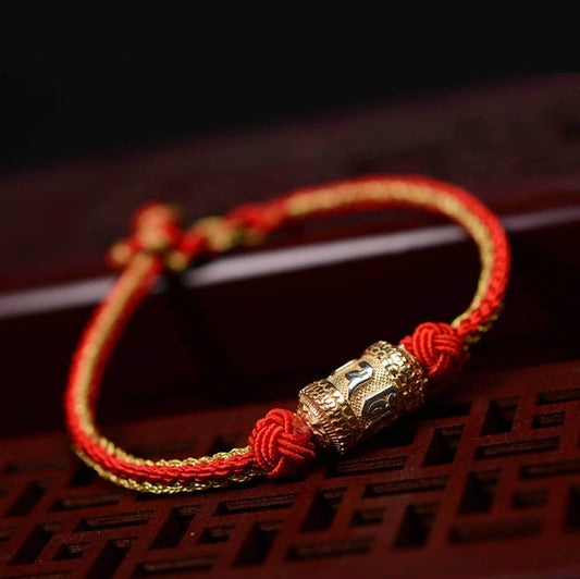 Tibetan Mantra Bracelet close-up with “Om Mani Padme Hum” inscription