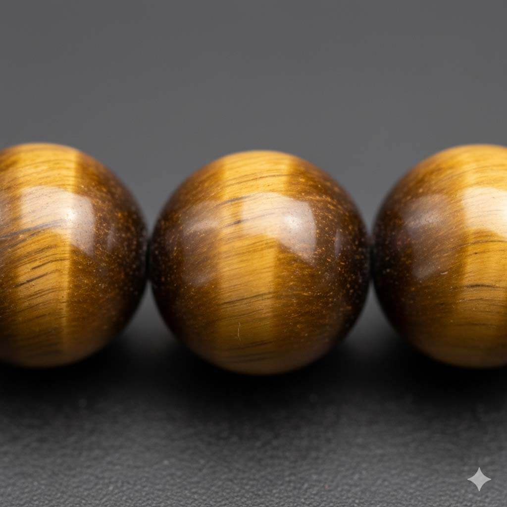 Close-up of Tiger Eye beads showing chatoyancy optical effect and cat's eye shimmer detail