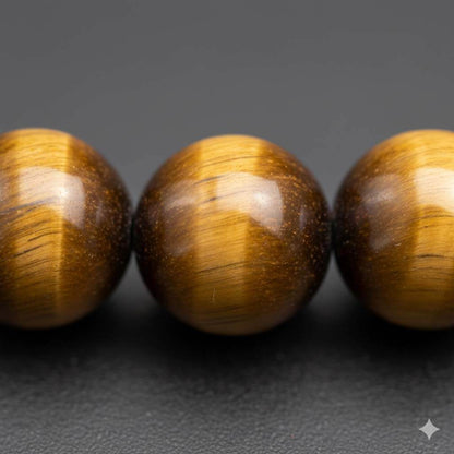 Close-up of Tiger Eye beads showing chatoyancy optical effect and cat's eye shimmer detail