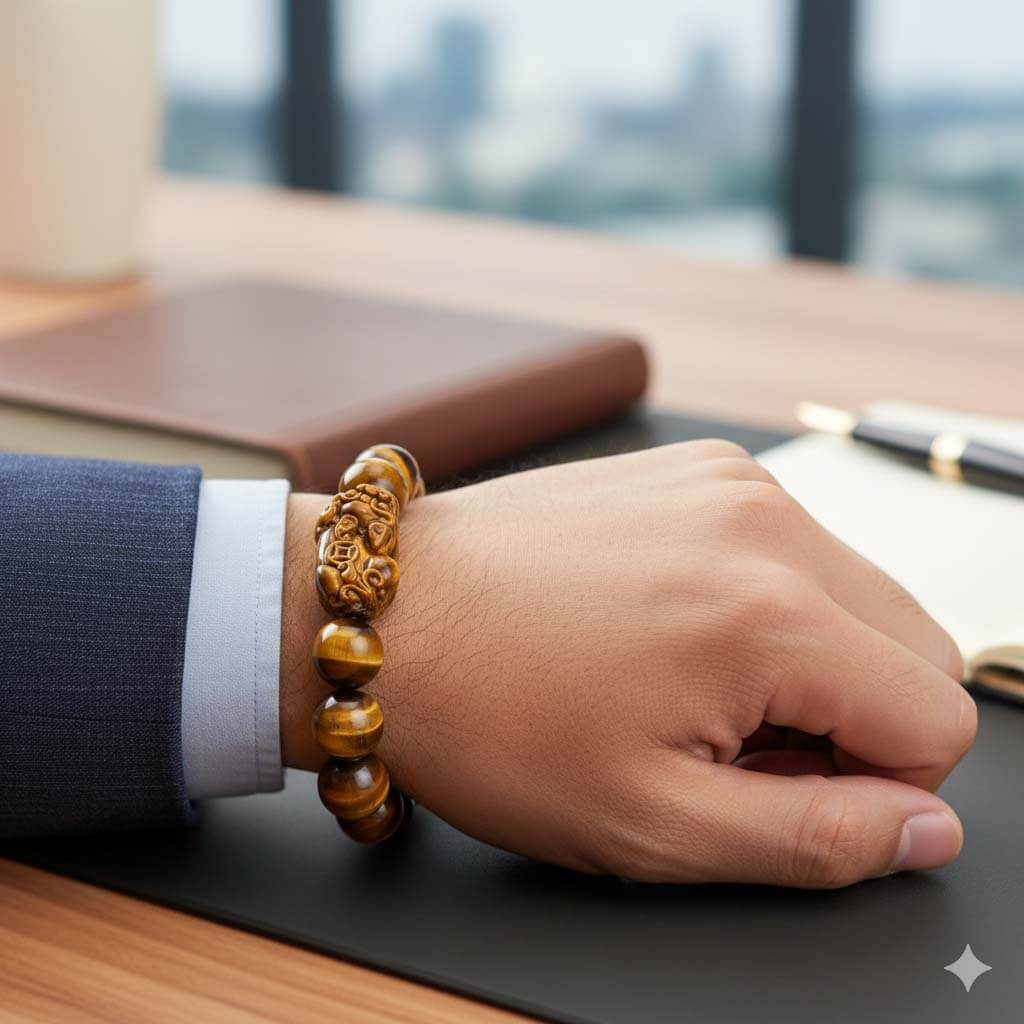 Man Wearing Tiger Eye Pixiu Bracelet on Left Wrist - Feng Shui Wealth Bracelet for Daily Wear