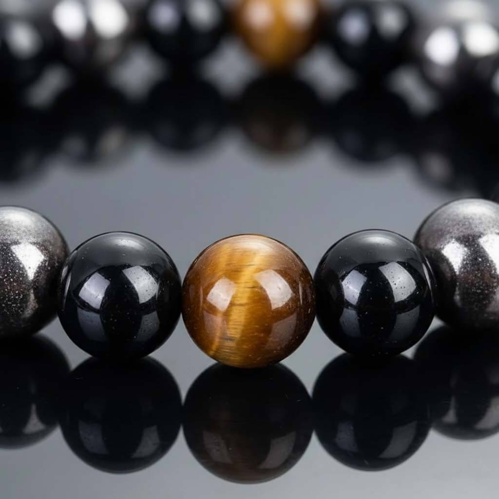 Macro close-up of 8mm tiger eye beads showing chatoyant cat eye effect with magnetic stone and black agate beads