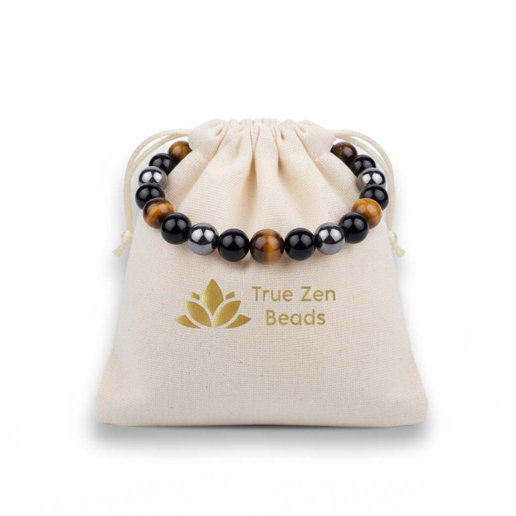 Tiger Eye, Magnetic Stone & Black Agate 8mm bracelet displayed in TrueZenBeads branded gift bag packaging with golden lotus logo - three-stone artisan jewelry ready for gifting