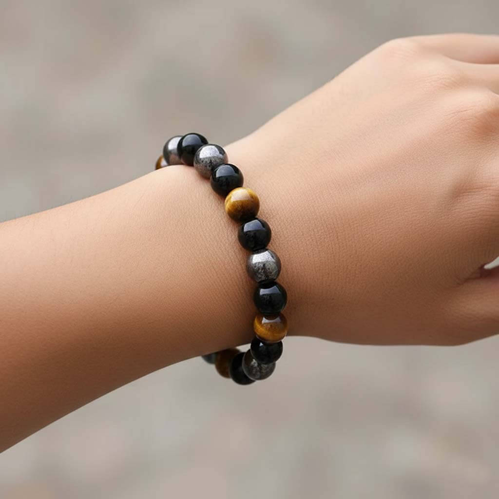 Tiger eye magnetic stone bracelet worn on wrist showing comfortable fit and natural color contrast between three gemstones