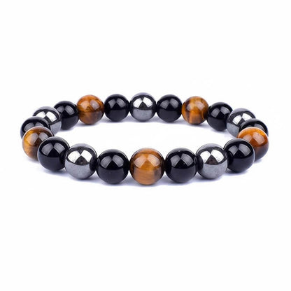 Tiger eye magnetic stone and black agate 8mm beaded bracelet showing three-stone pattern with golden brown silver and black beads