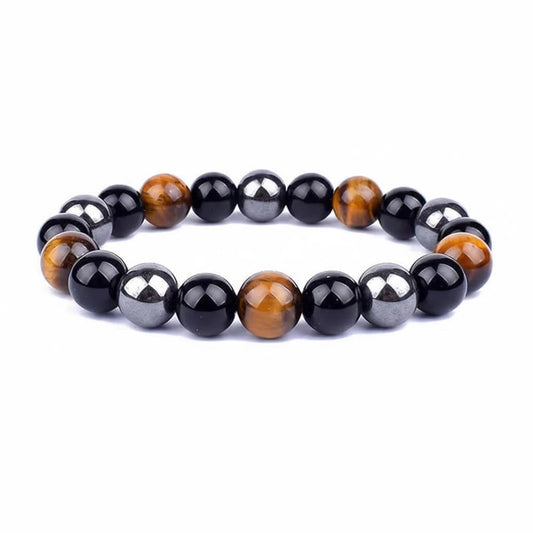 Tiger eye magnetic stone and black agate 8mm beaded bracelet showing three-stone pattern with golden brown silver and black beads