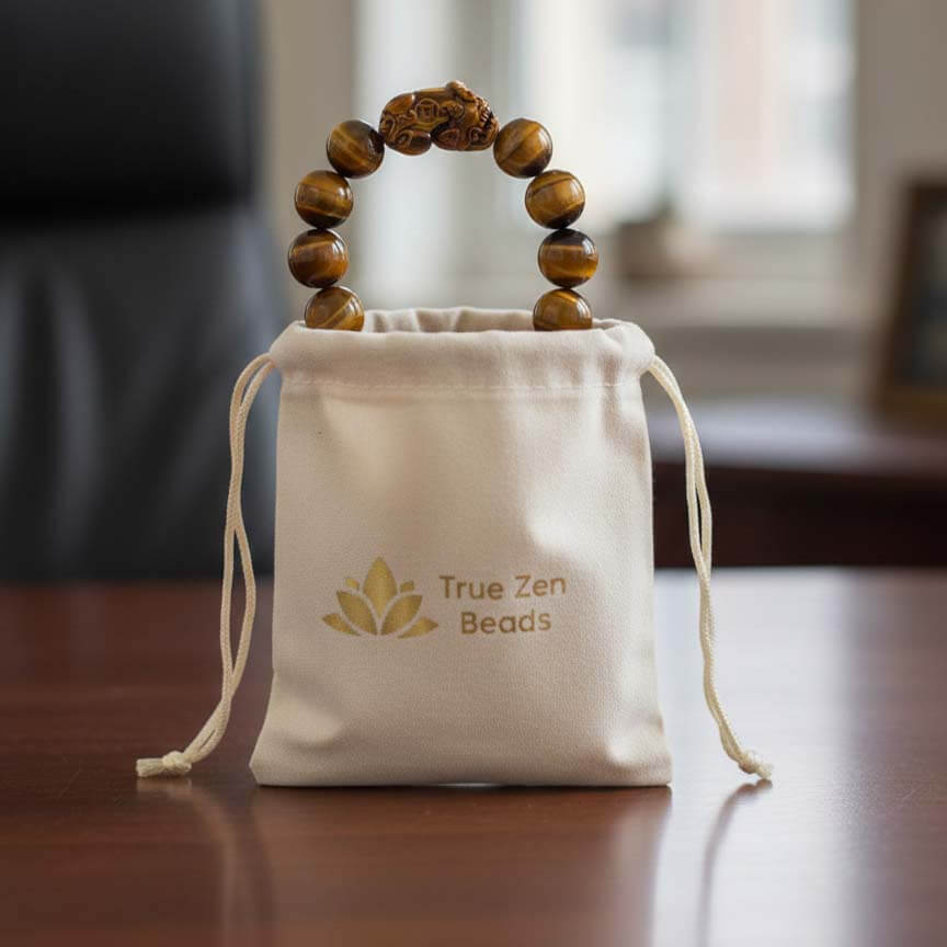 Tiger Eye Pixiu Bracelet in TrueZenBeads branded gift bag packaging - men's jewelry ready for gifting