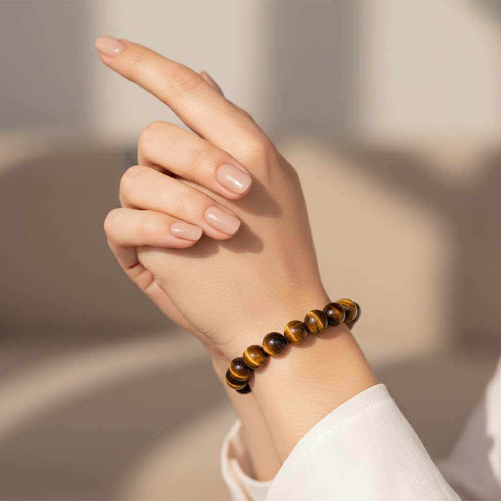 Person wearing Tiger Eye Stone Bracelet for bold statement style - golden chatoyant jewelry