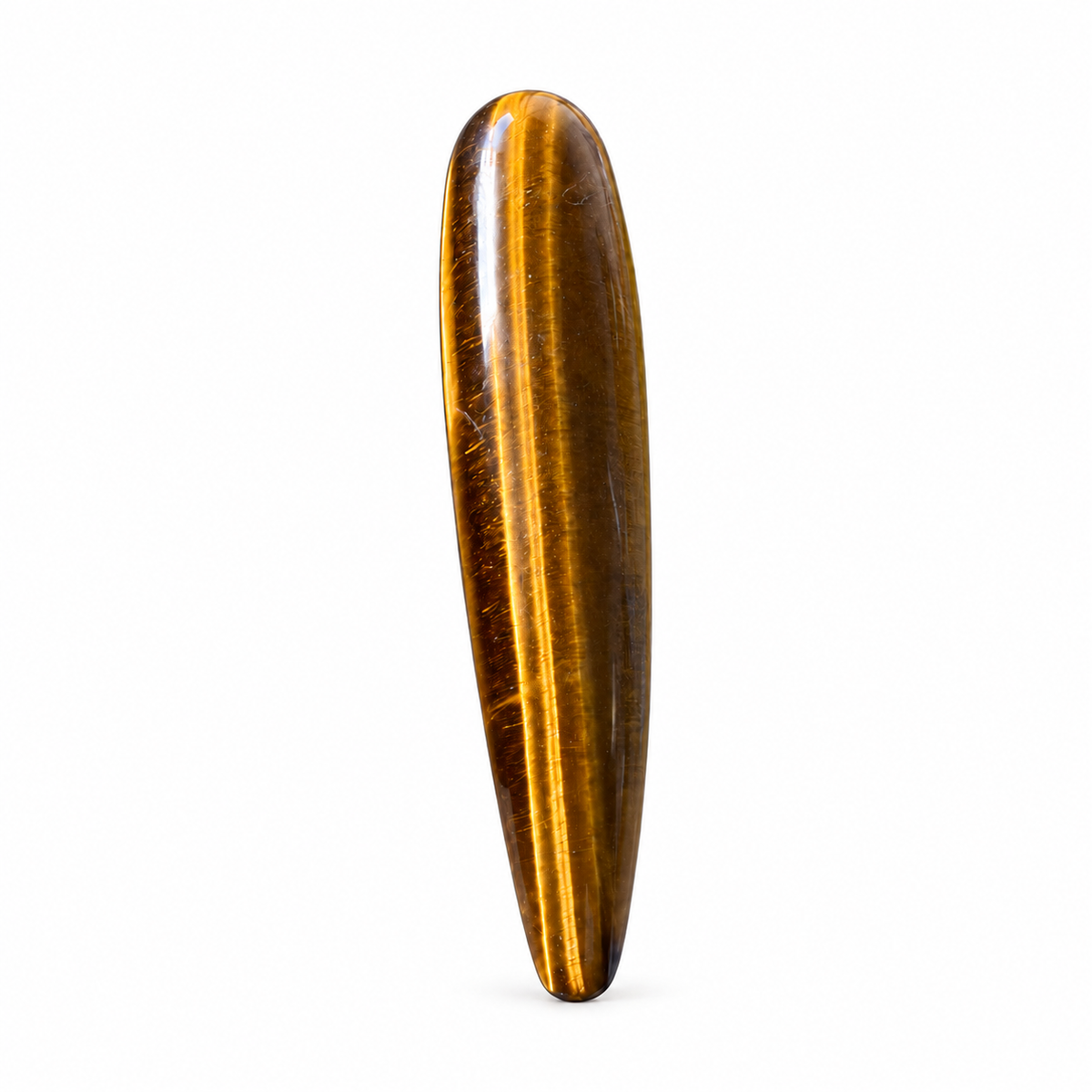 Polished tiger's eye crystal massage wand with elongated eggplant-inspired form