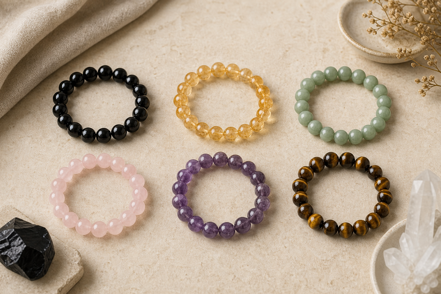 Stone comparison of black obsidian, citrine, jade, rose quartz, amethyst, and tiger eye beads for feng shui bracelets