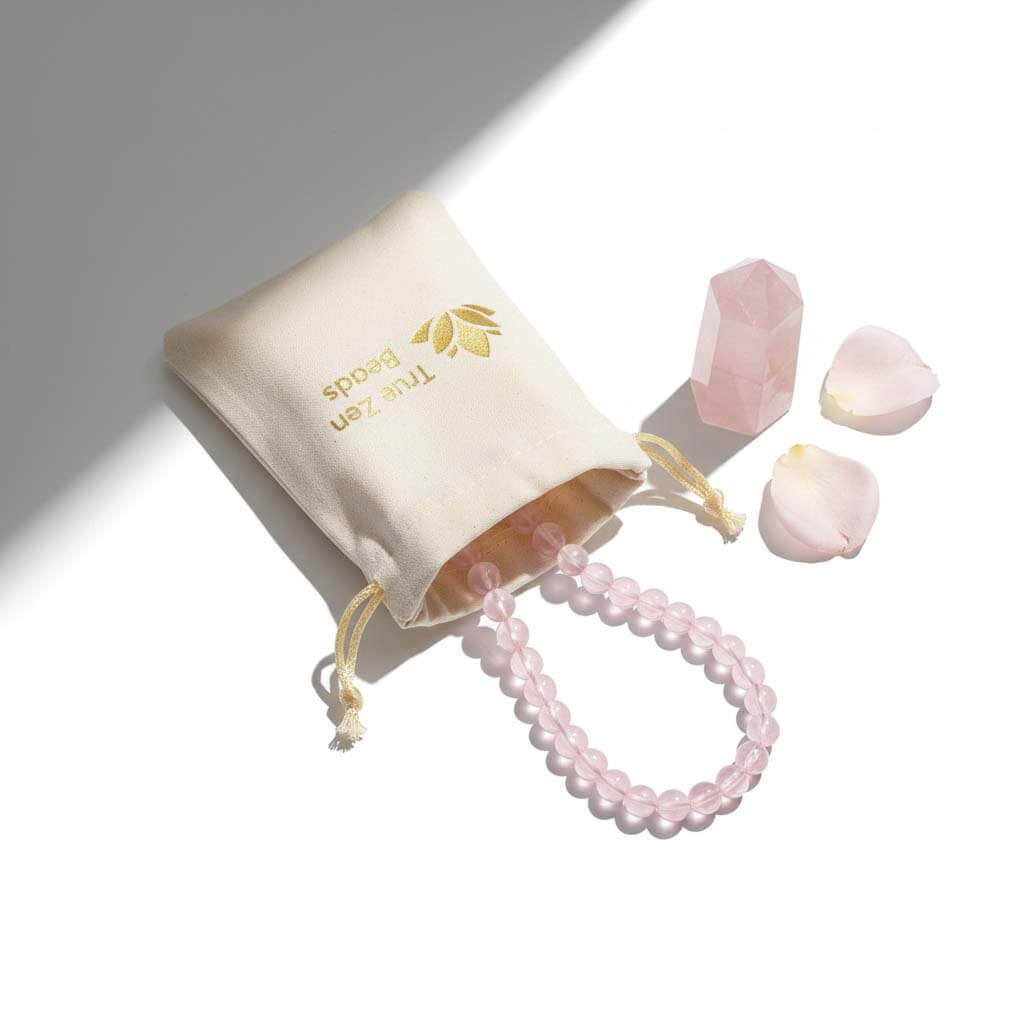 Handcrafted Natural Rose Quartz Bracelet presented in a signature TrueZenBeads protective gift pouch.