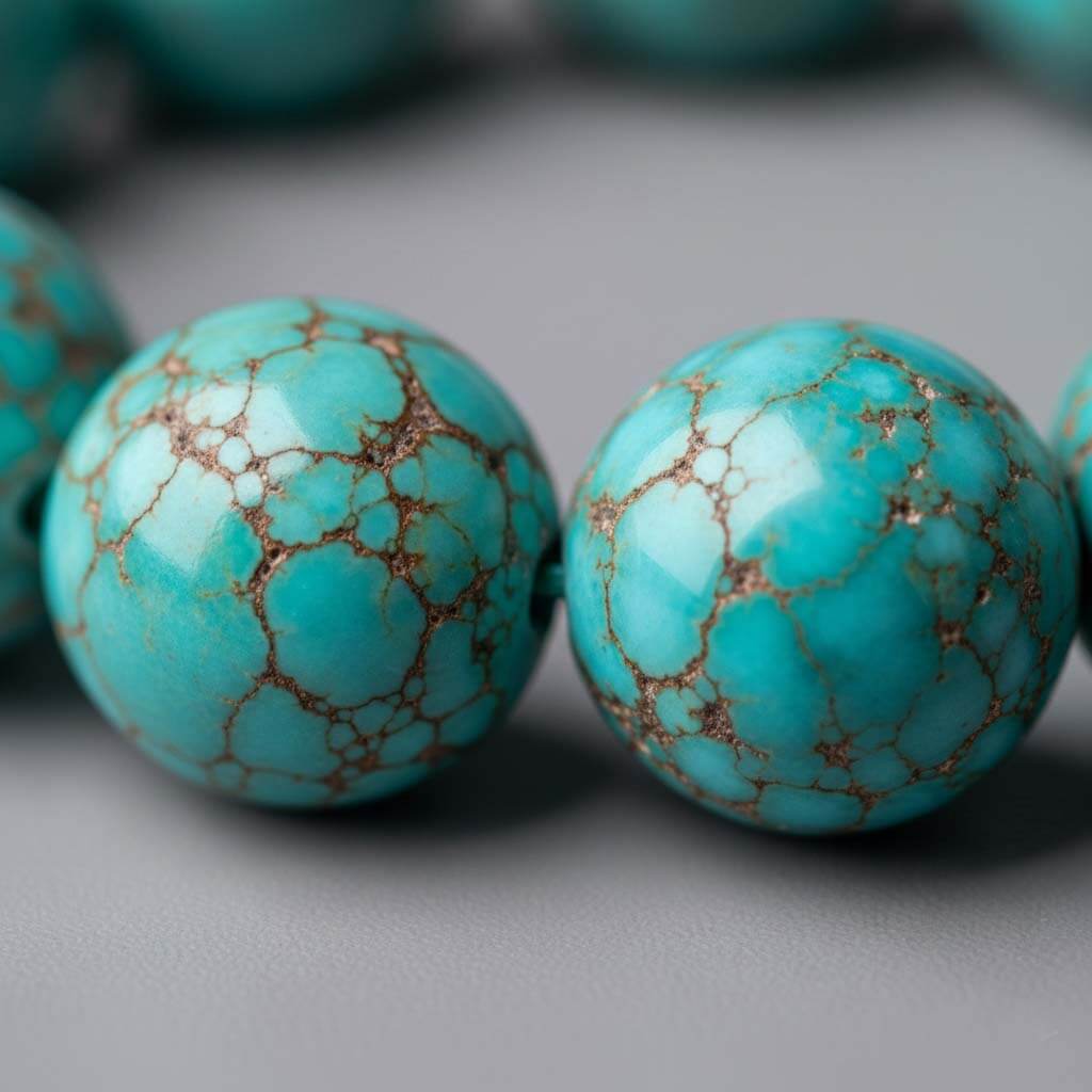 Close-up of Turquoise beads showing natural matrix veining and spider web detail patterns