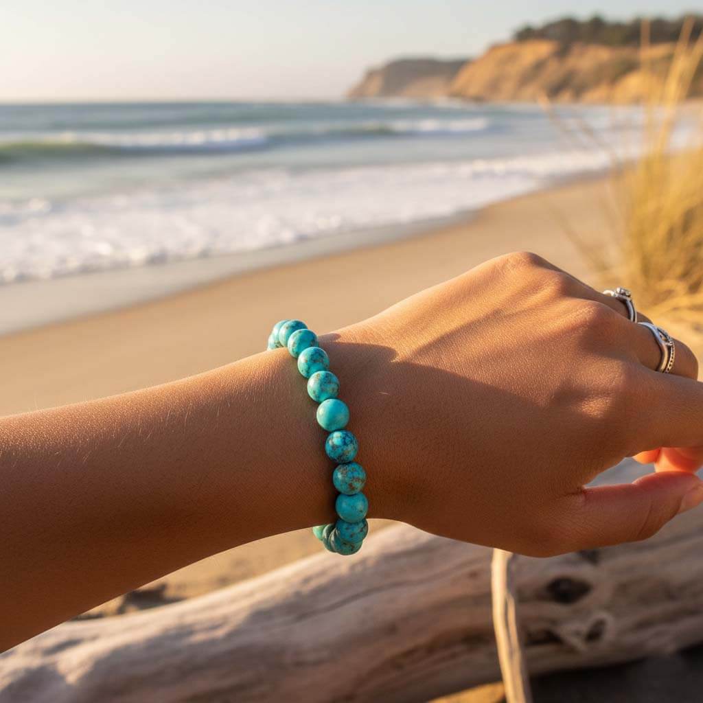 Person wearing Turquoise Stone Bracelet for cultural symbolic jewelry and protection symbol