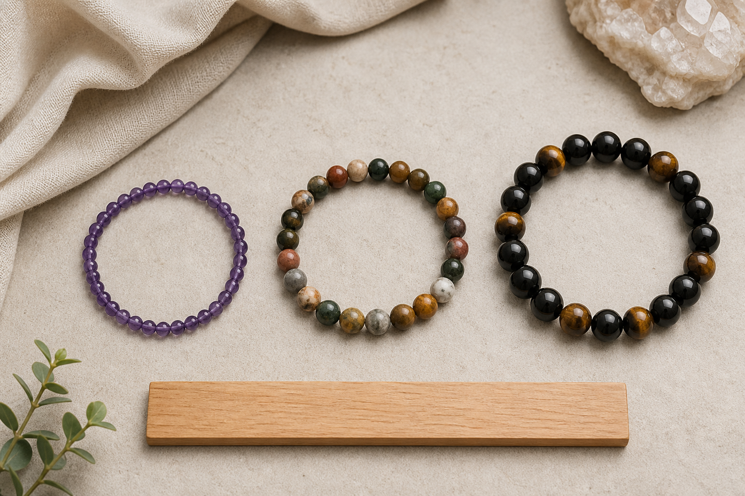 Unisex crystal bracelet size comparison with slim amethyst, medium mixed stone, and larger black and tiger eye beads