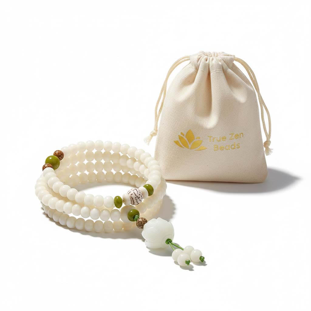 White Bodhi Mala 108 beads displayed in TrueZenBeads branded gift bag packaging - Buddhist meditation prayer beads ready for gifting
