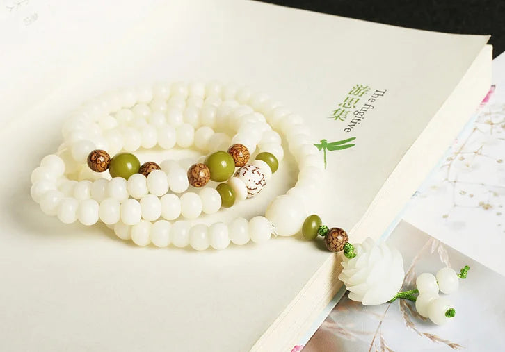 Handcrafted white jade mala with 108 beads for mindfulness and mantra chanting