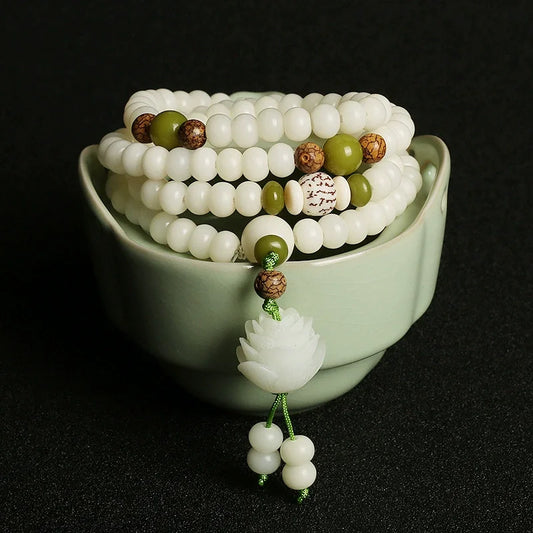 White Jade Bodhi Seed 108 beads mala necklace for meditation and spiritual growth