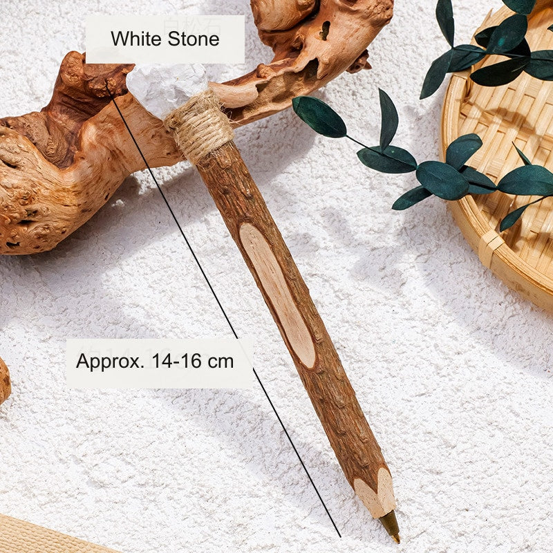 White Stone Raw Crystal Wood Ballpoint Pen with natural wood body and decorative crystal accent