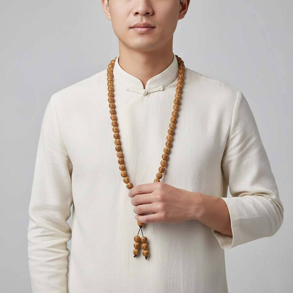 Artisan 108 wood bead strand worn as a versatile layered necklace showing the heritage aesthetic at chest length