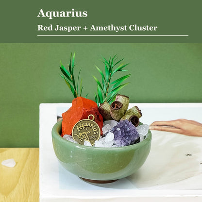 Aquarius zodiac crystal mini bonsai bowl decor with gemstone accents