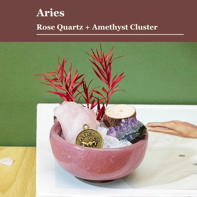 Aries zodiac crystal mini bonsai bowl decor with gemstone accents