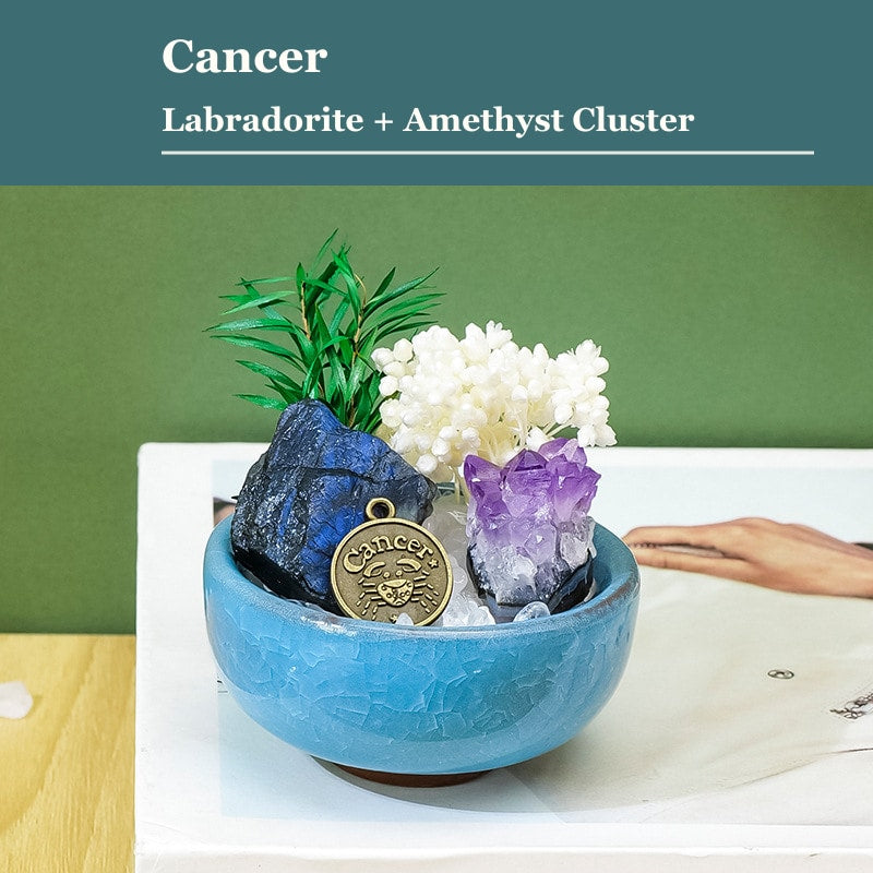 Cancer zodiac crystal mini bonsai bowl decor with gemstone accents