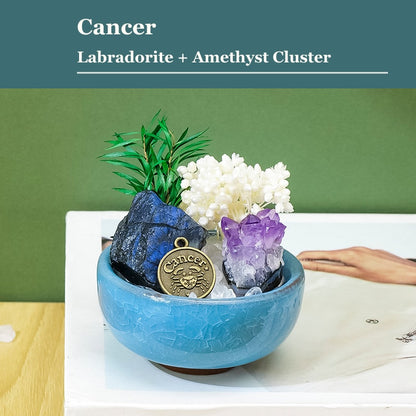 Cancer zodiac crystal mini bonsai bowl decor with gemstone accents