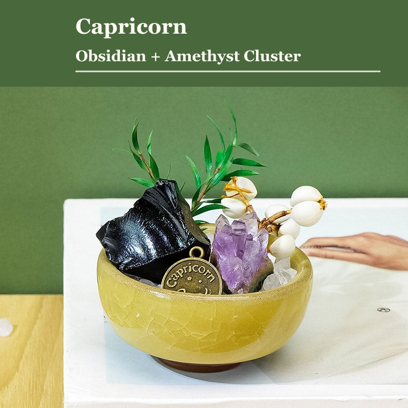 Capricorn zodiac crystal mini bonsai bowl decor with gemstone accents