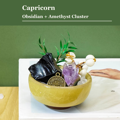 Capricorn zodiac crystal mini bonsai bowl decor with gemstone accents