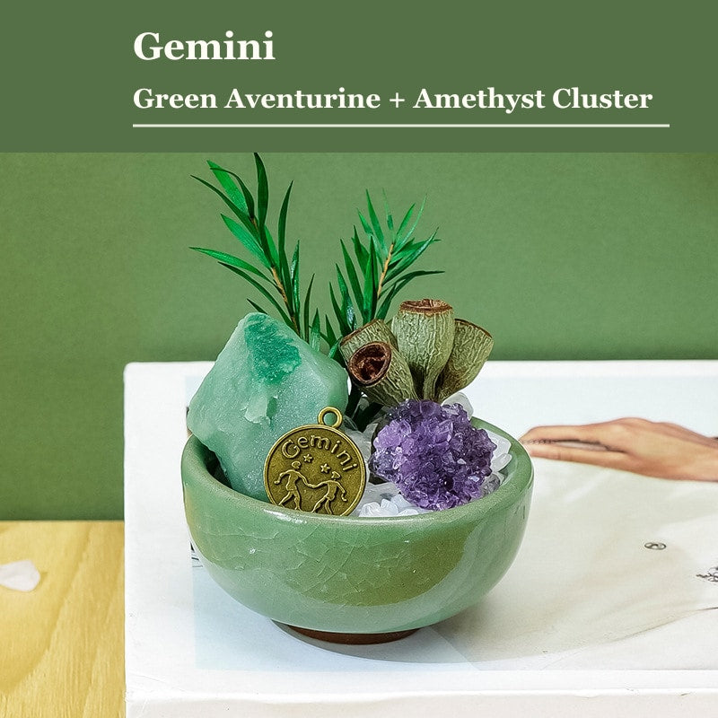 Gemini zodiac crystal mini bonsai bowl decor with gemstone accents