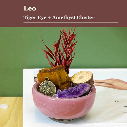 Leo zodiac crystal mini bonsai bowl decor with gemstone accents