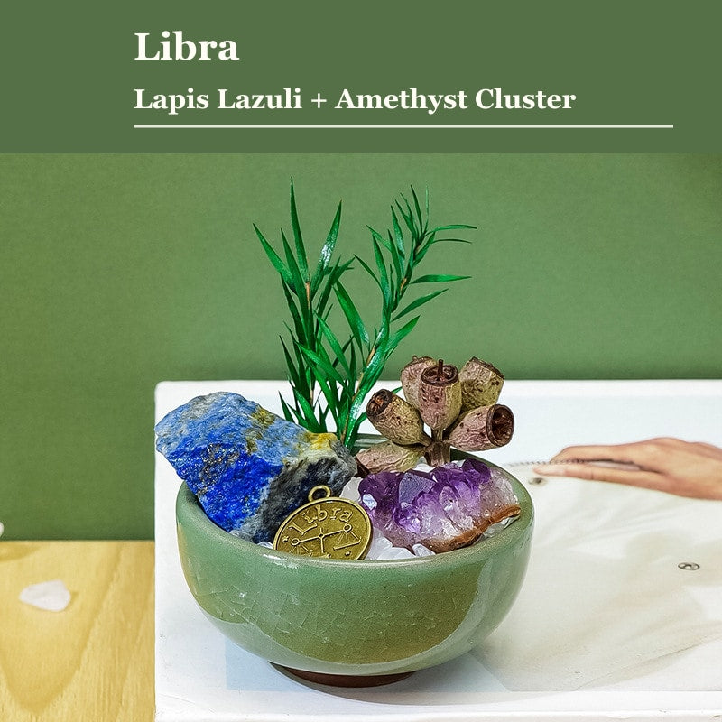 Libra zodiac crystal mini bonsai bowl decor with gemstone accents